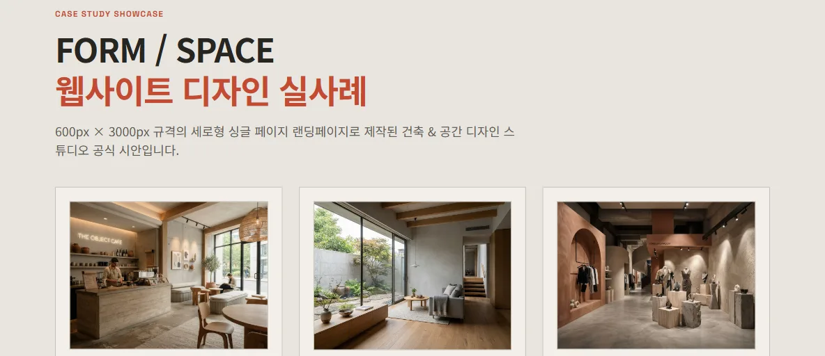 FORM / SPACE 웹사이트 디자인 실사례: 카페, 주거 공간, 쇼룸 콘셉트 사진 3장