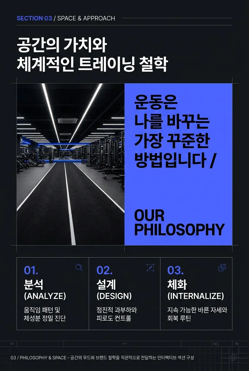 PULSE 상세 이미지 3: 공간 사진과 트레이닝 철학(분석·설계·체화) 섹션