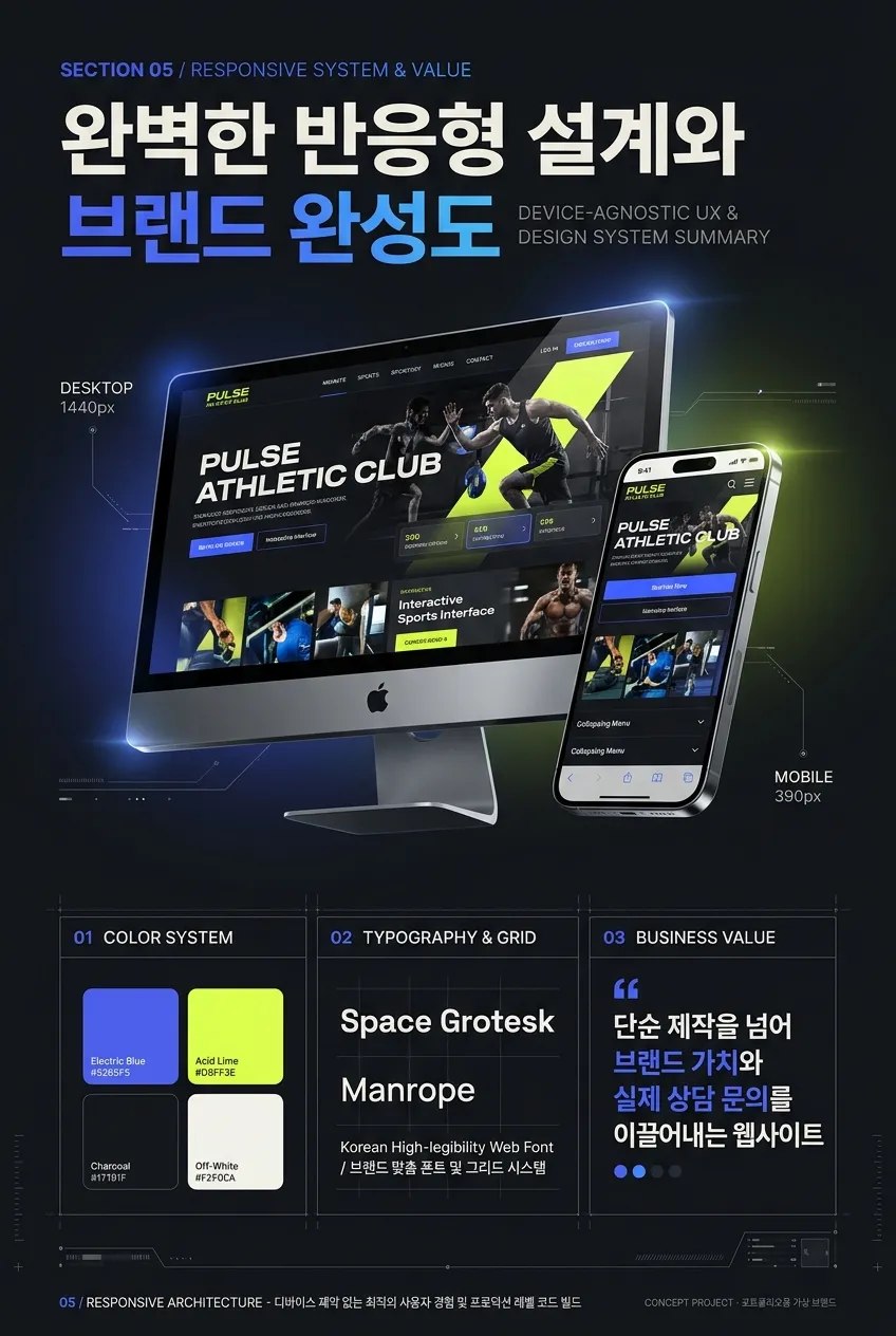 PULSE 상세 이미지 5: 데스크톱·모바일 화면과 색상·글꼴 시스템 요약