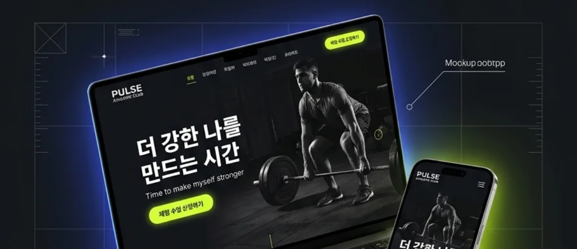 PULSE ATHLETIC CLUB 노트북·휴대폰 목업: '더 강한 나를 만드는 시간' 첫 화면